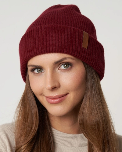 OUTLET 100% wełniana Czapka z satynową podszewką – bordo 56-60cm